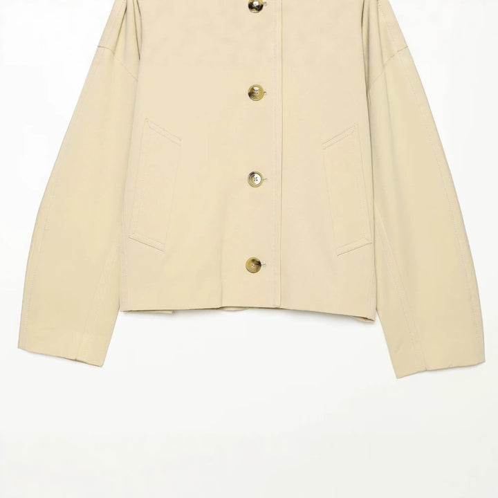 Women's Cropped Utility Blouse with Oversized Lapel Collar and Horn Button Front Drune
