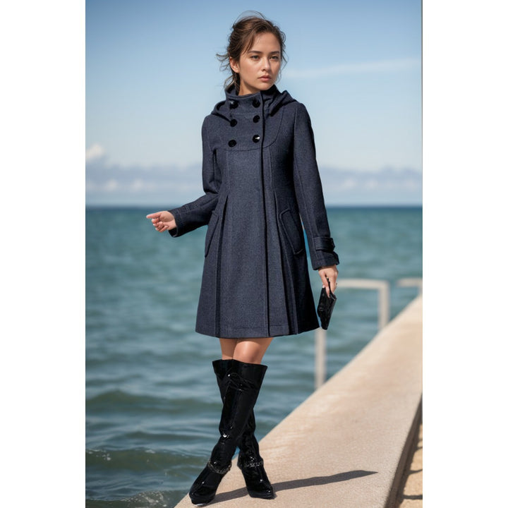 Women's A-line wool mix coat with high hood and double-button placket Mune Fashion