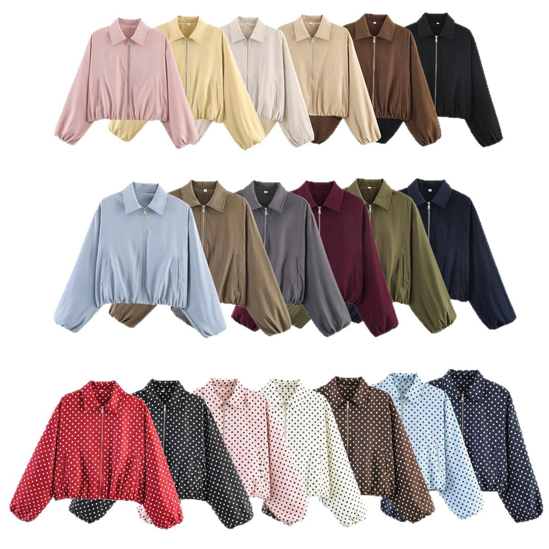 Women's Cropped Bomber Jacket with Balloon Sleeves, Elastic Hem and Lapel Collar Mune Fashion