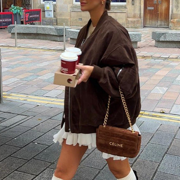 Women's Oversized Suede Bomber Jacket with Zipper & Ribbed Cuffs Mune Fashion