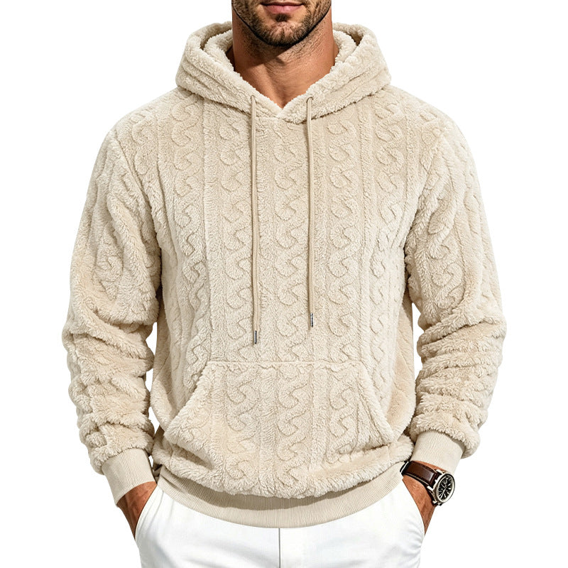 Men's teddy fleece pullover with cable pattern, hood and kangaroo pocket Mune Fashion