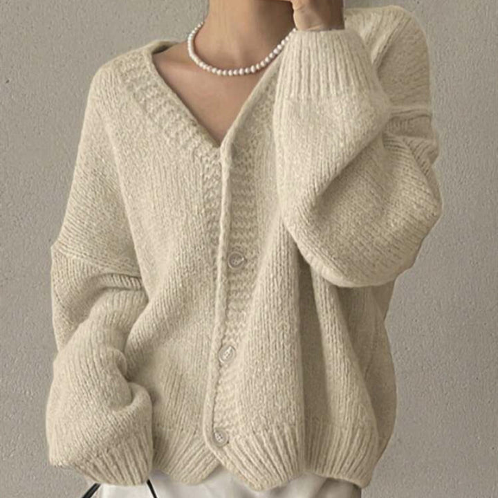Women's Oversized Cardigan with Deep V-Neck, Balloon Sleeves, and Decorative Button Placket Mune Fashion