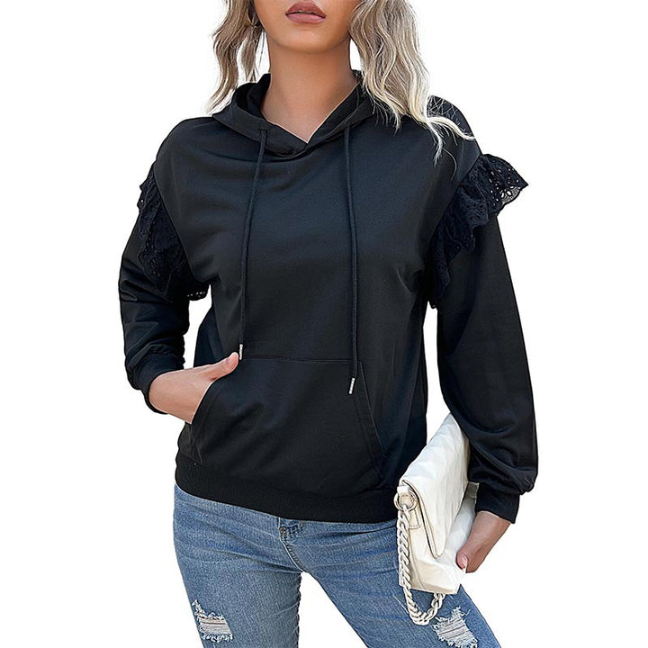 Women's hooded sweater with lace ruffle, kangaroo pocket & ribbed cuffs Mune Fashion