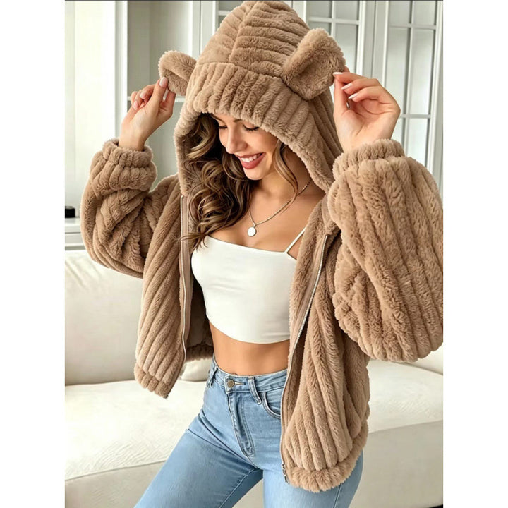 Women's Cozy Teddy Hooded Jacket with Plush Texture and Hood Ears Mune Fashion