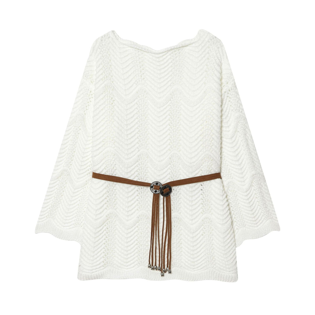 Ladies knit poncho cape with decorative leather belt Mune Fashion