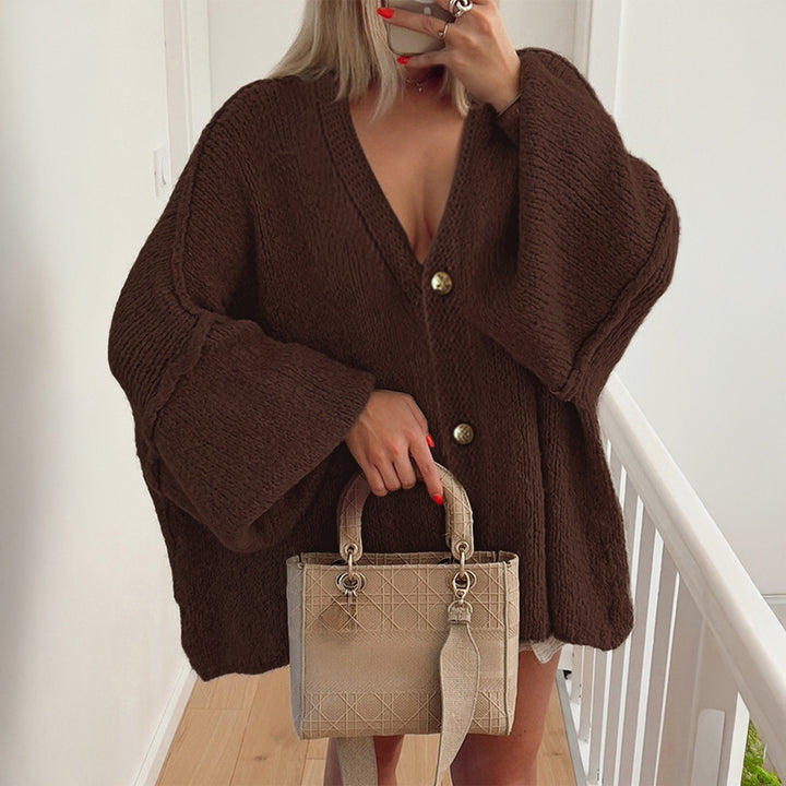 Women's Boucle Oversize Cardigan with Deep V-Neck, Kimono Sleeves and Gold Decorative Buttons Mune Fashion