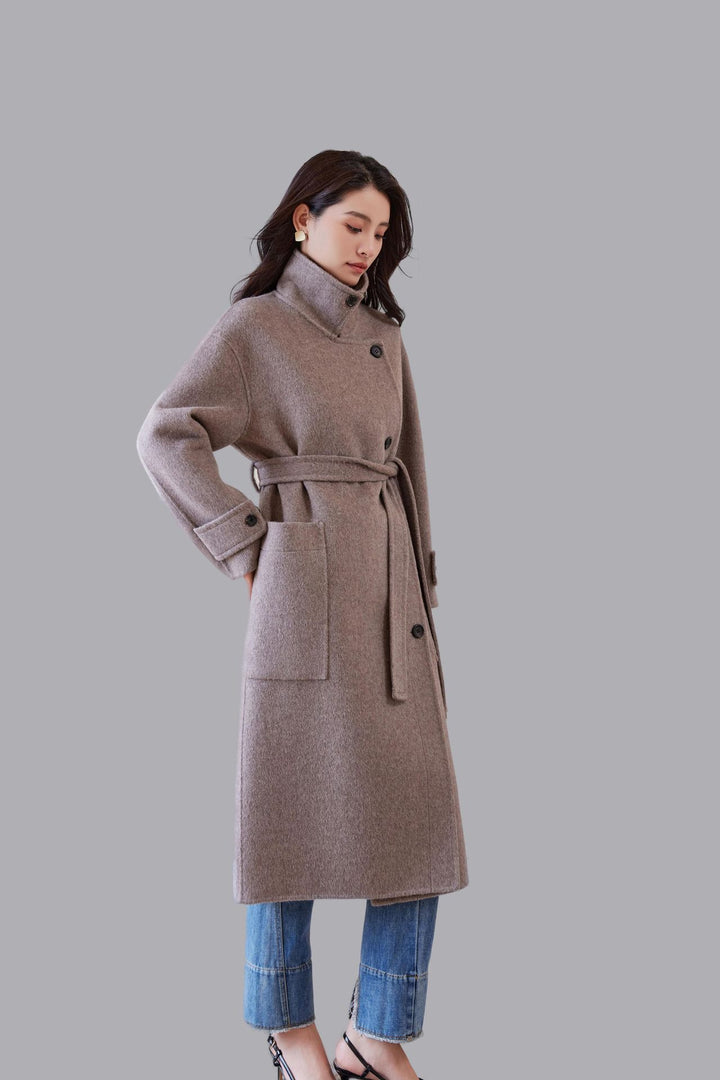 Women's Oversized Wool Coat with Belt and Wide Lapels Mune Fashion