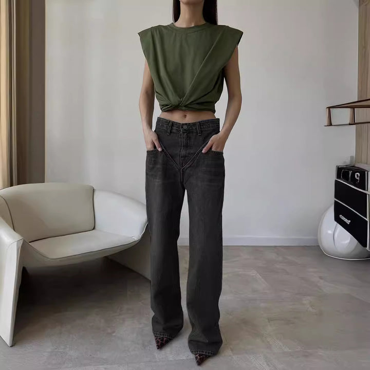 Women's high-waisted wide denim pants with V-shaped waistband seam and extra-long leg Mune Fashion