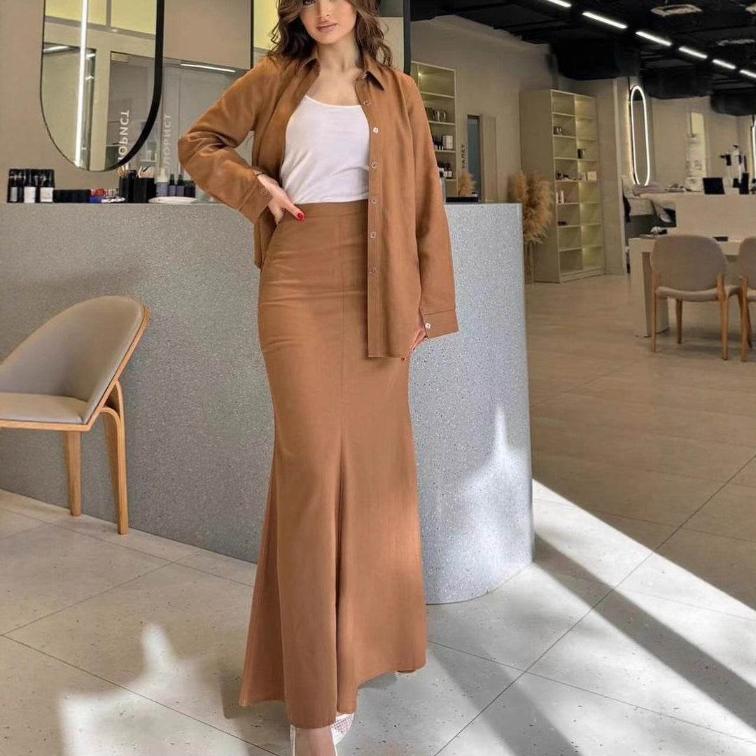 Women Two-Piece Set Tube Maxi Skirt with Flared Hem and Oversize Shirt Mune Fashion