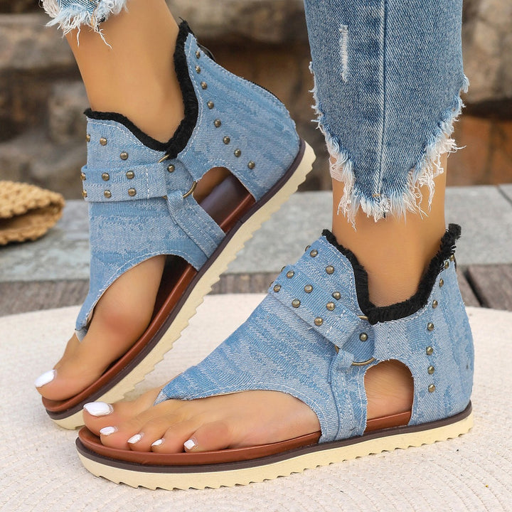 Women's nan jeans bootie toe sandal with soft shaft lining, studs and profiled rubber sole Mune Fashion