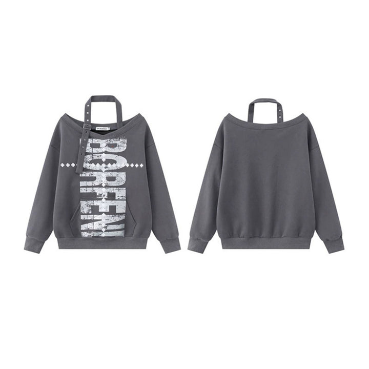 Women's oversized sweatshirt with asymmetrical strap, kangaroo pocket and large lettering Mune Fashion