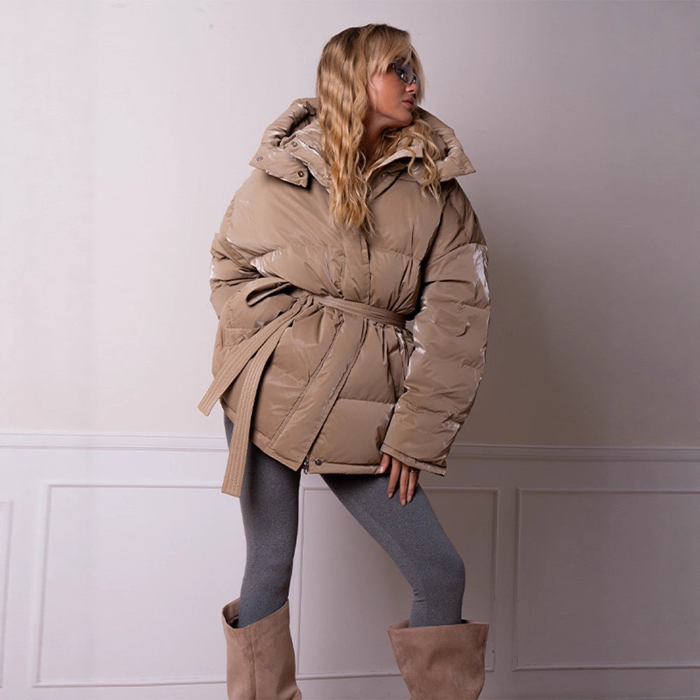 Women's padded hooded quilted jacket with waist belt Mune Fashion