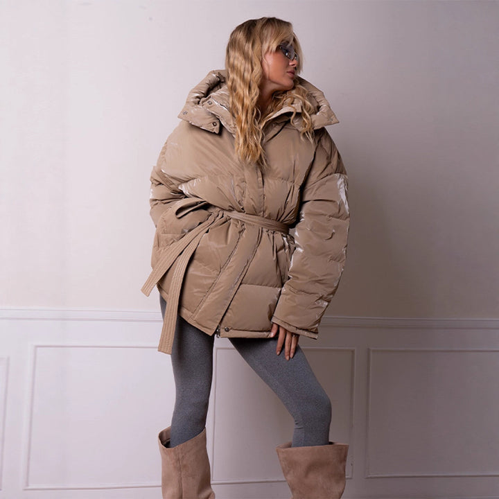 Women's padded hooded quilted jacket with waist belt Mune Fashion