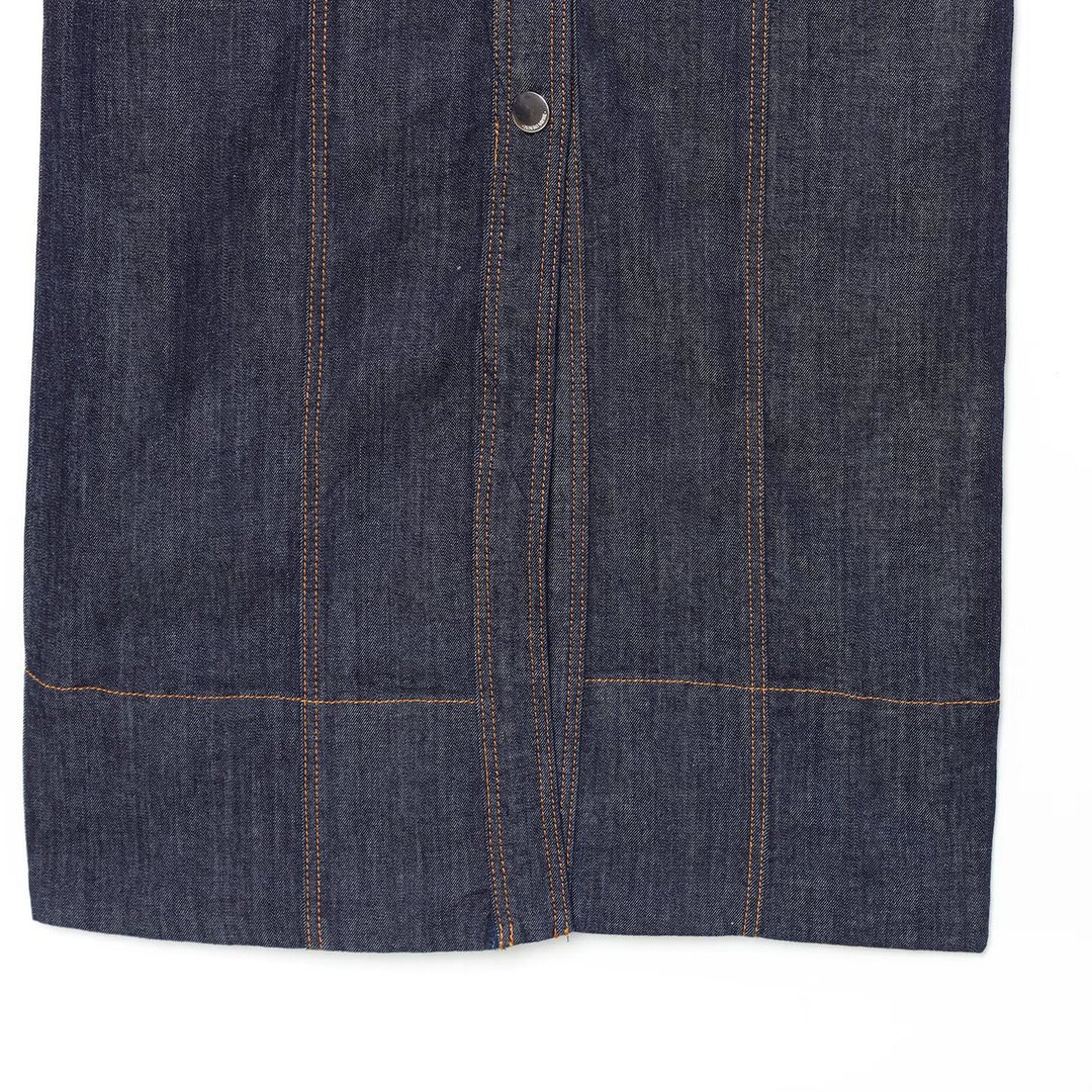 Women's Sleeveless Denim Maxi Dress with Shirt Collar, Tailored Silhouette and Continuous Snap Button Placket Mune Fashion