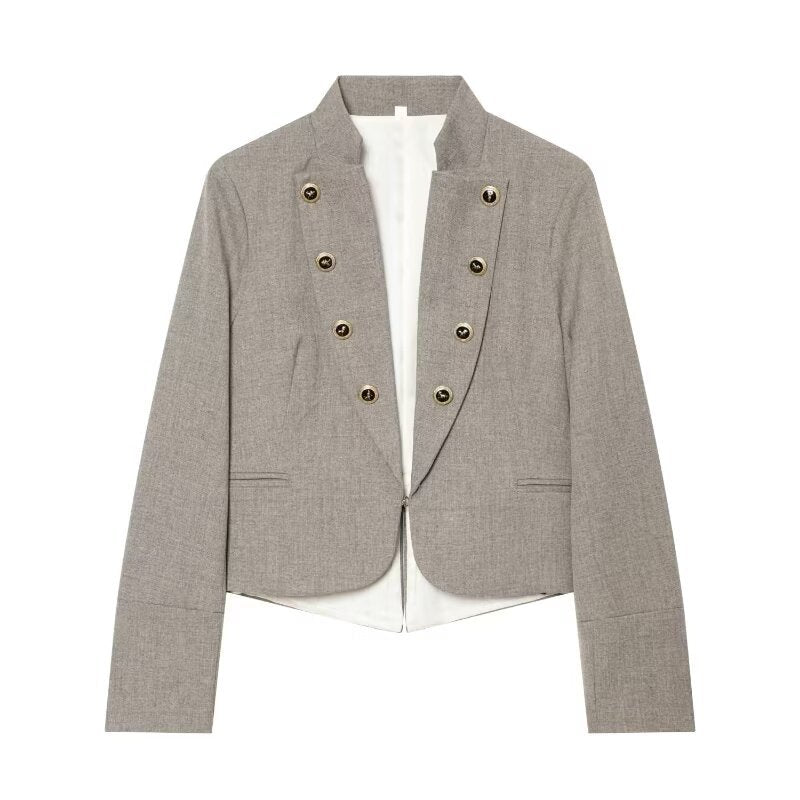 Ladies short blazer in military style with stand collar and decorative button rows Mune Fashion