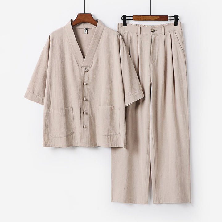Unisex Zen-inspired Relax Set with short sleeve kimono top, concealed button placket, and elastic waistband pants Mune Fashion