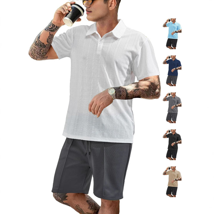 Men's two-piece summer travel set with textured short-sleeve polo shirt and functional mesh shorts Mune Fashion