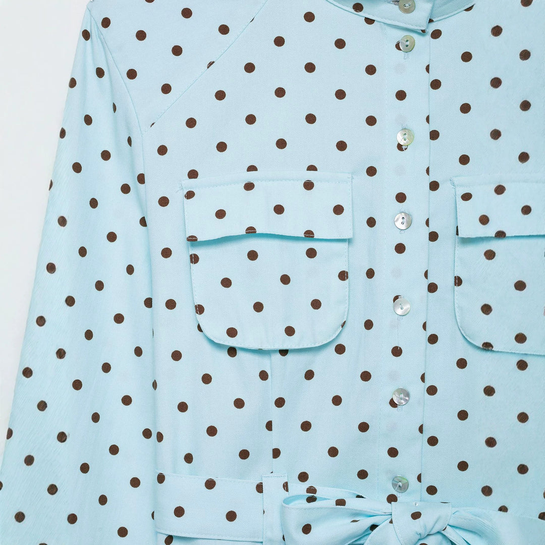 Women's blouse with stand-up collar, tie belt, and patch breast pockets Mune Fashion