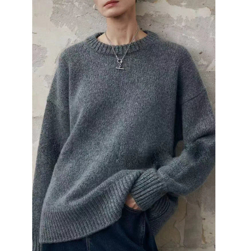 Women's Oversized Fine Knit Sweater with Round Neck, Dropped Shoulder and Ribbed Hem Mune Fashion