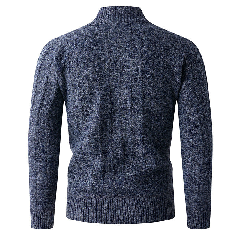 Men's fine knit half-zip pullover with high standing collar, ribbed and cable pattern Mune Fashion