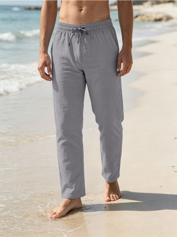 Men's Lightweight Linen-Cotton Pants with Drawstring, Elastic Waistband, and Straight Cut Mune Fashion