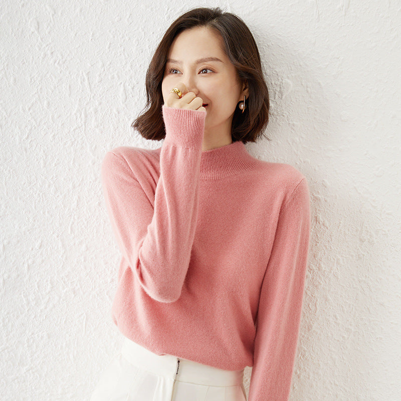 Women Luxurious Cashmere Fine Knit Sweater with Standing Collar Mune Fashion