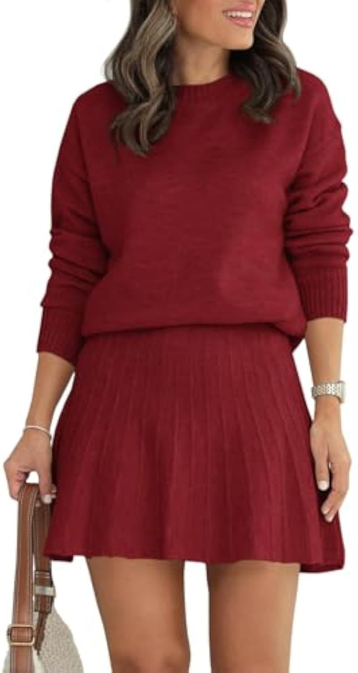 Women's Two-Piece Knit Set with Round Neck Sweater and Pleated Mini Skirt Drune