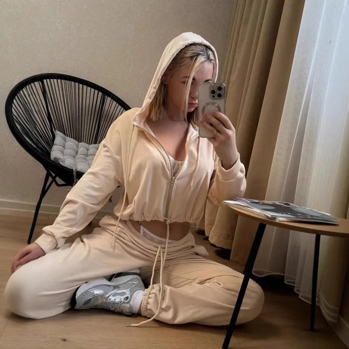 Women's Velvety Cropped Zip Hoodie Set with Drawstring Waist and Wide Lounge Sweatpants Mune Fashion