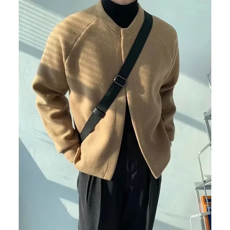 Men's Collarless Boxy Ribbed Knit Cardigan with Concealed Snap Placket Mune Fashion