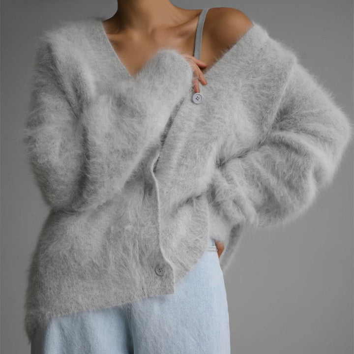 Women's Fluffy Oversize Button Cardigan with Deep V-Neck and Insert Pockets Mune Fashion