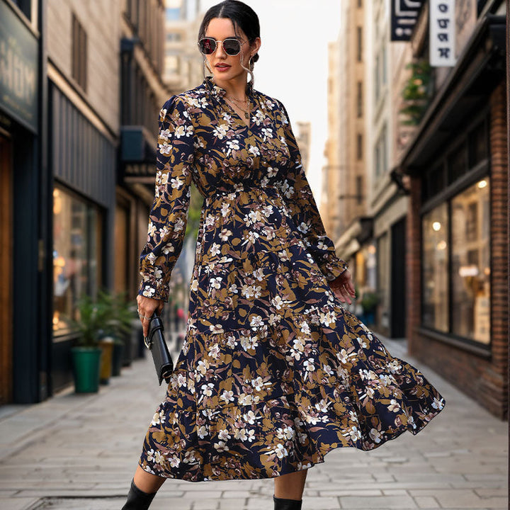 Women's Flowing Floral Midi Dress with V-Neck, Smocked Waistband, and Tiered Skirt Mune Fashion