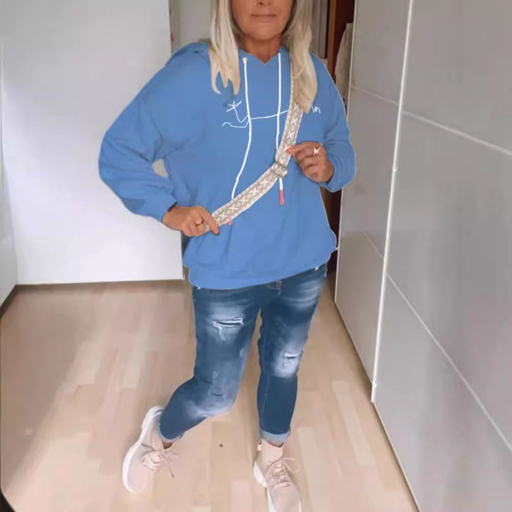 Women casual hoodie with minimalist line graphic, drawstring and ribbed hem Mune Fashion