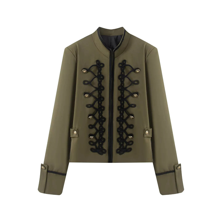 Women's short jacket in uniform style with ornamental cord decoration, stand-up collar and concealed zipper Mune Fashion