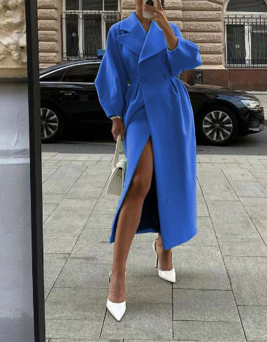 Women's tailored double-breasted trench coat with wide sleeve and high leg slit Mune Fashion