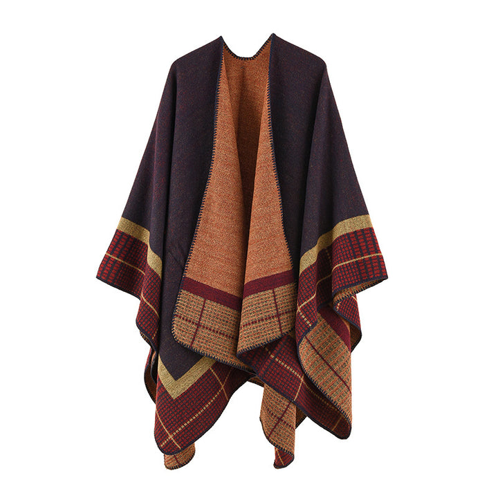 Women's wool blend poncho in asymmetric pointed cut with woven check border Mune Fashion