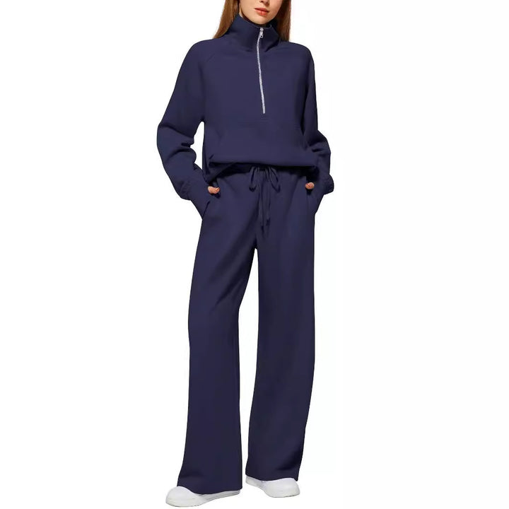 Women half-zip lounge set with high stand-up collar, kangaroo pocket and wide high-waist joggers Mune Fashion