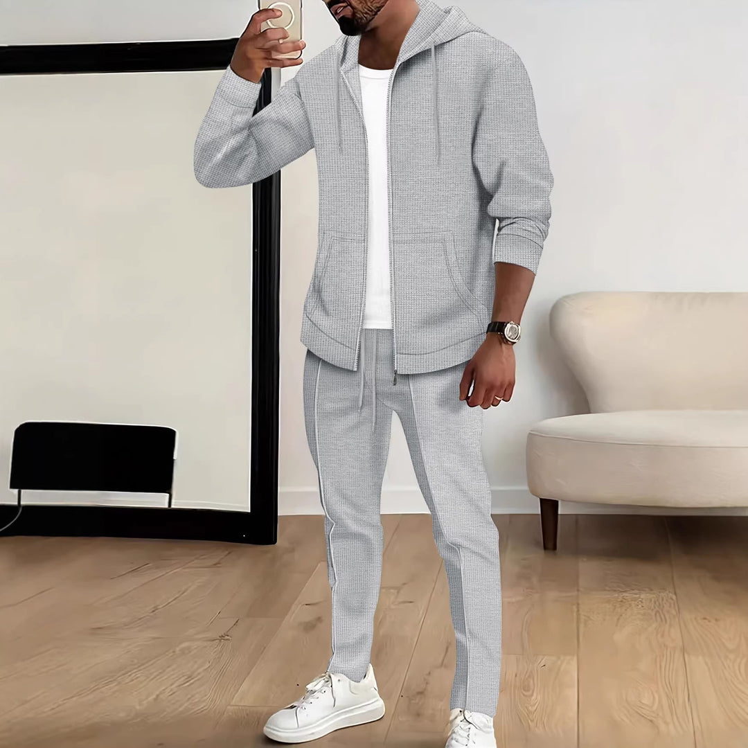 Men's waffle texture tracksuit with hooded zip jacket and tapered jogging pants Mune Fashion