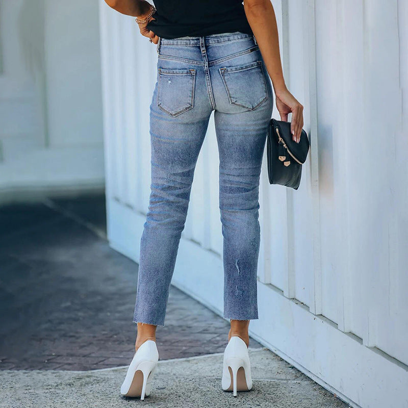 Women's Figure-Hugging High-Waisted Ankle-Length Jeans with Slightly Frayed Hem Mune Fashion