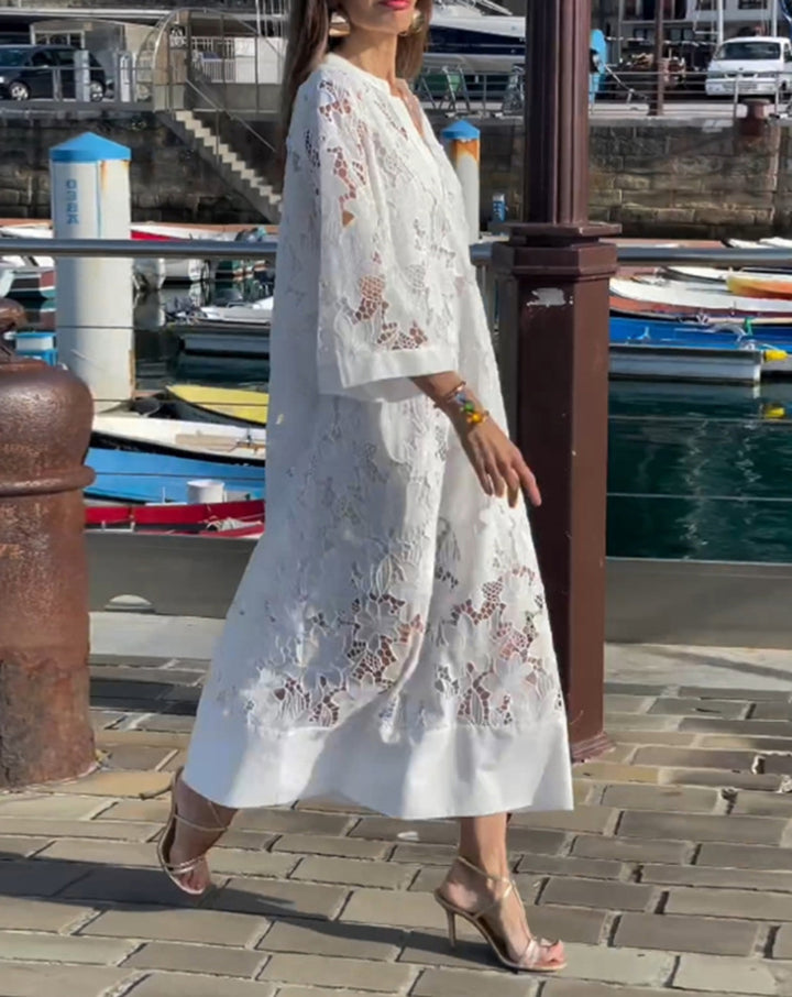 Women's airy lace maxi dress with floral openwork embroidery, loose kimono sleeve cut, and lightweight underdress Mune Fashion