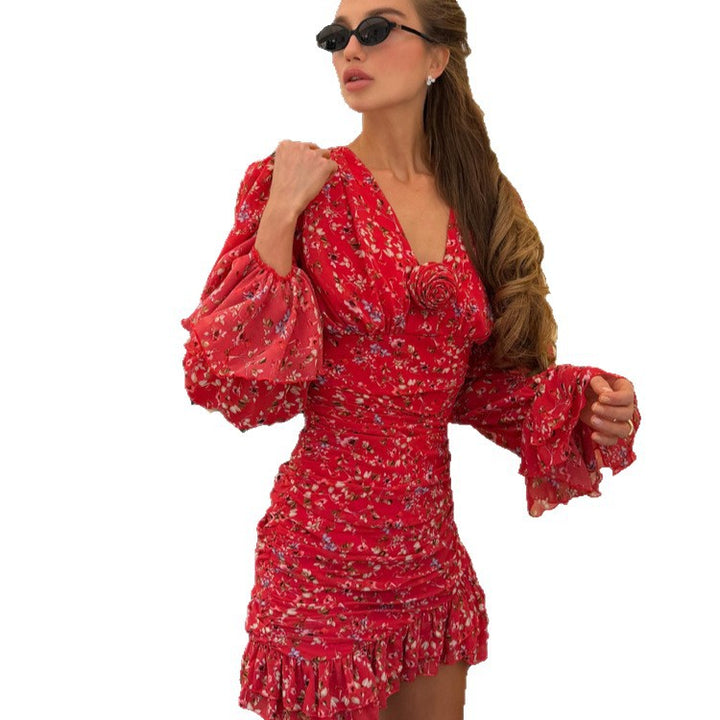 Ladies Tailored Chiffon Mini Dress with Floral Print, Gathered & Ruffle Sleeves Mune Fashion