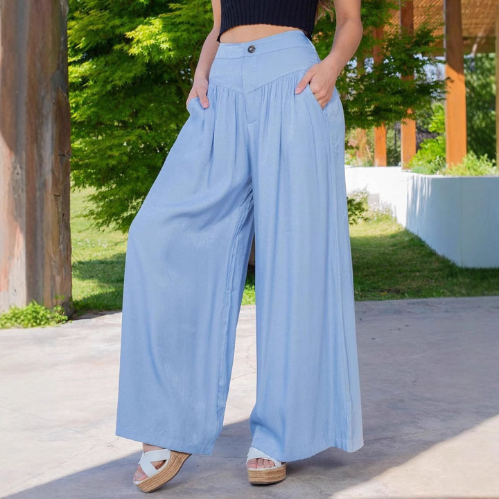 Women's high-waisted Palazzo pants with gathered yoke, wide leg and side pockets Mune Fashion