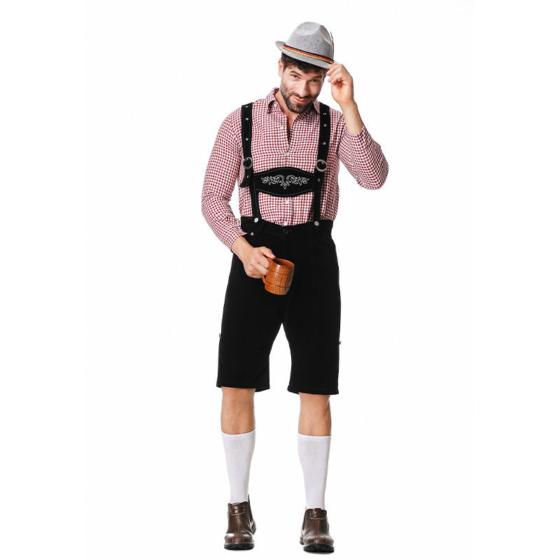 Men's authentic traditional knee-length trousers made of suede-like material with adjustable straps and embroidered chest bib Mune Fashion