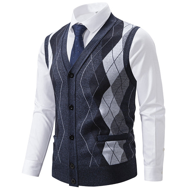 Men's sleeveless wool blend vest with V-neck, Argyle diamond pattern, welt pockets and button placket Mune Fashion