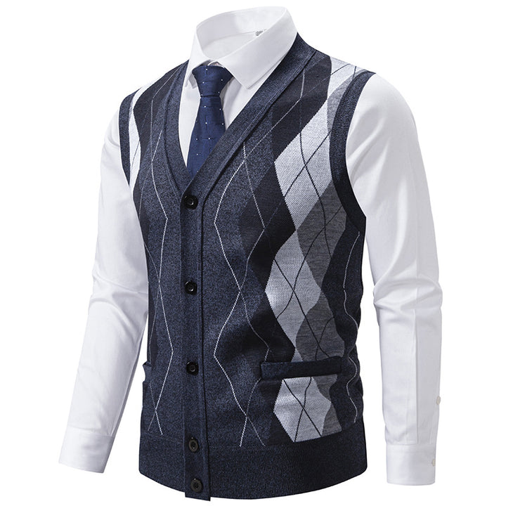 Men's sleeveless wool blend vest with V-neck, Argyle diamond pattern, welt pockets and button placket Mune Fashion