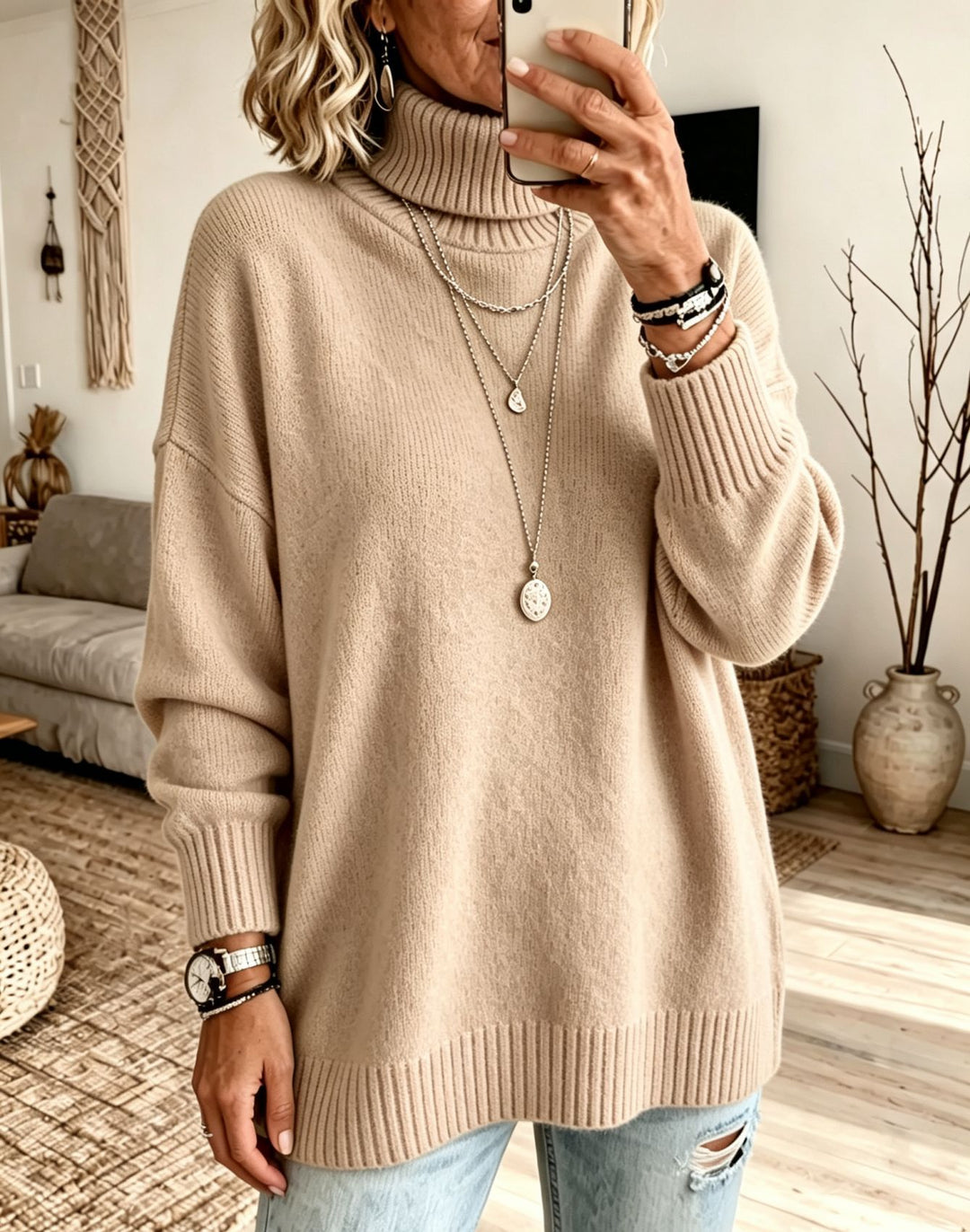 Women's Oversize Rollneck Sweater made of fine knit with ribbed cuffs and dropped shoulders Mune Fashion
