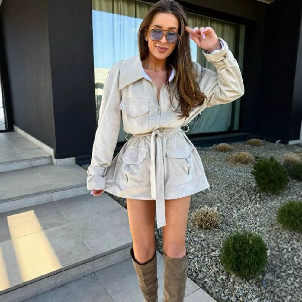 Ladies short jacket in utility shacket style with waist drawstring Mune Fashion