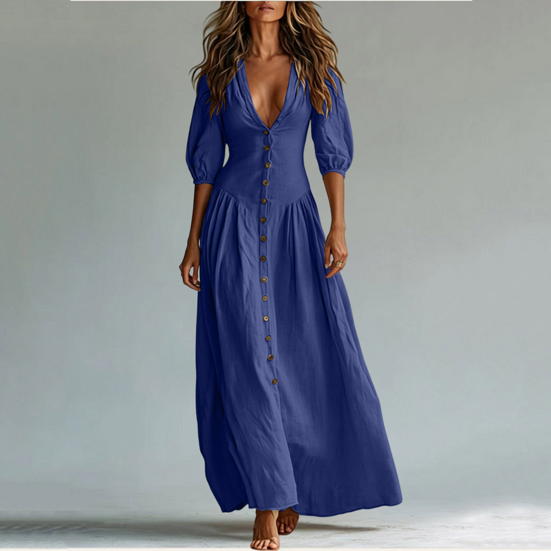 Ladies max dress with deep V-neck, button placket and balloon sleeves Mune Fashion