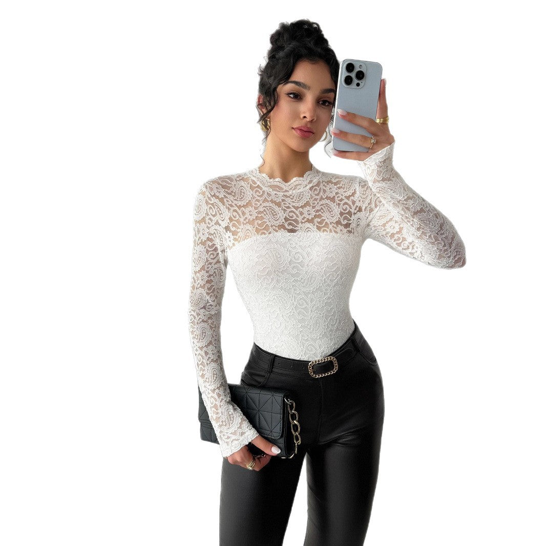 Women's Lace Shirt with Elegant High Collar and Long Sleeves Mune