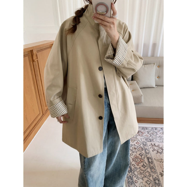 Women Oversized Coat with Stand-Up Collar and Checked Sleeve Hem Mune Fashion
