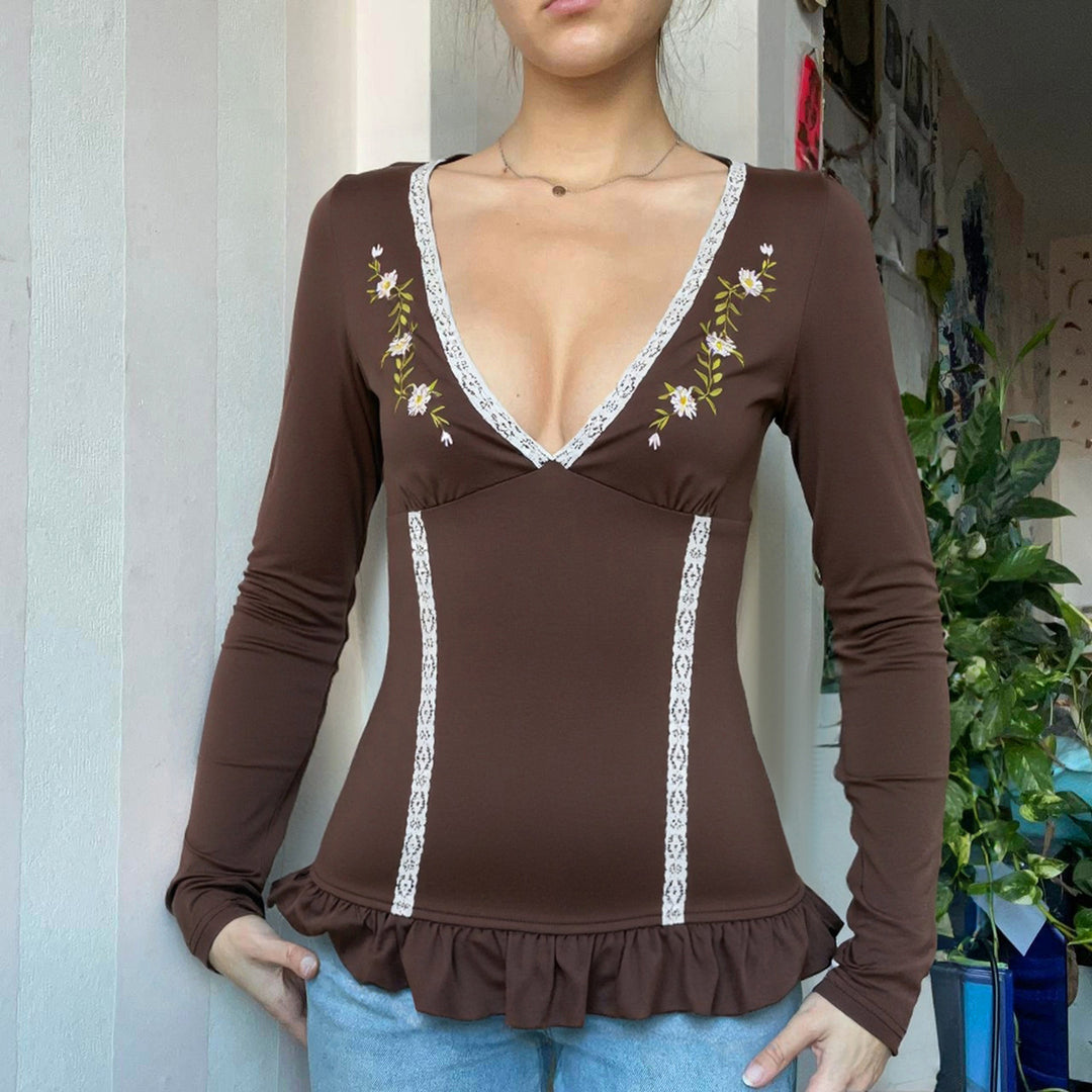 Ladies Long Sleeve V-Neck Shirt with Lace Trim, Embroidered Chest Yoke and Ruffle Hem Mune Fashion